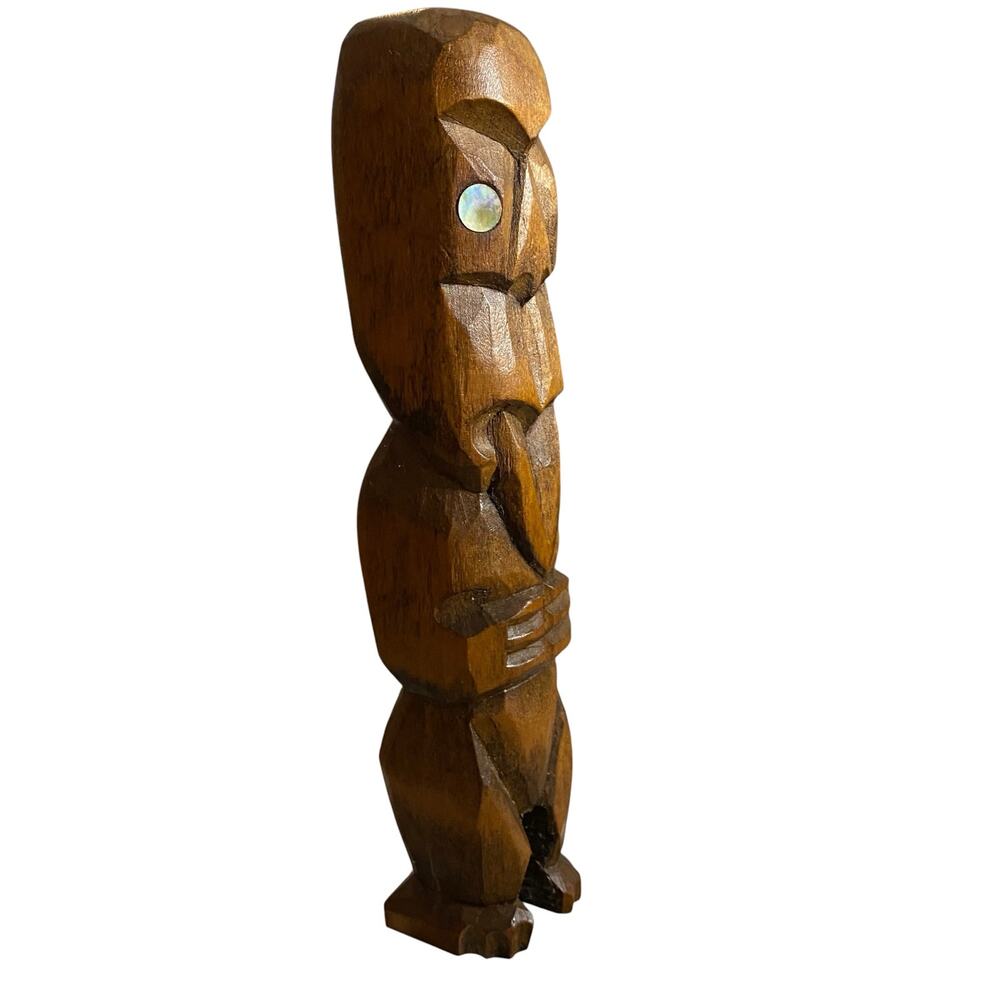 Vintage Maori Wood Carved Tiki Figure New Zealand Abalone Shell Eyes 8" Tall